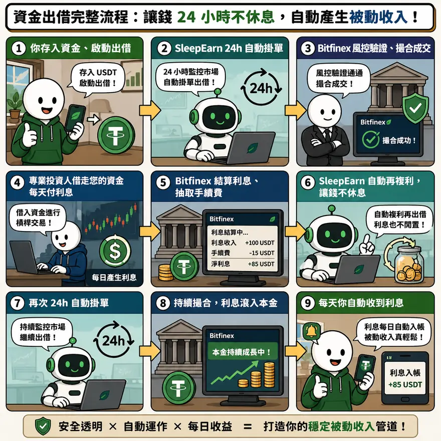 資金出借完整流程:存入資金、機器人自動掛單、撮合成交、每日收息、自動複利